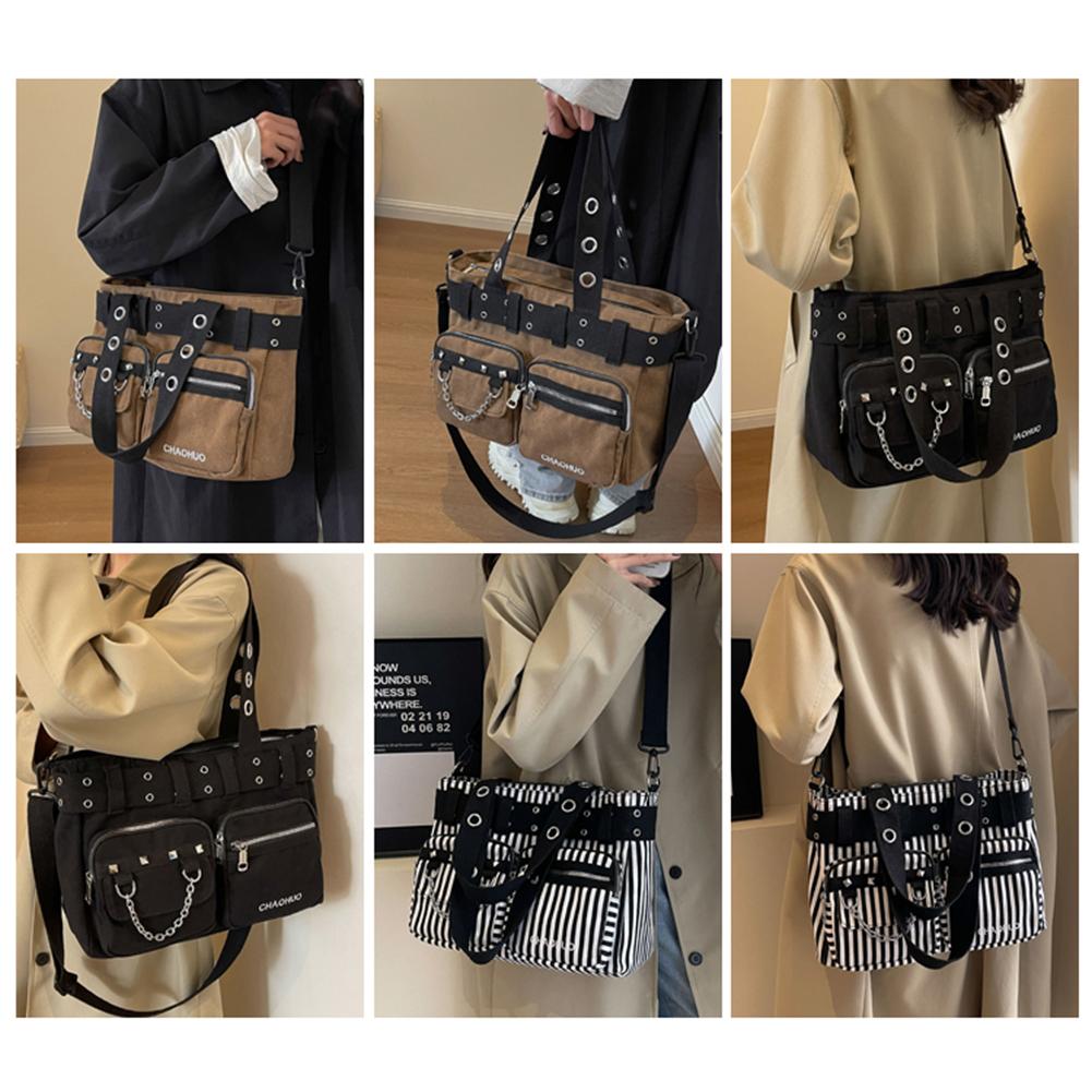 Warm clothes family Vrouwen Rockabilly Schoudertas met Ketting Canvas Punk Rock Handtas Ritssluiting Punk Stijl Sling Bag Rock Meisjes Dagelijkse Tas