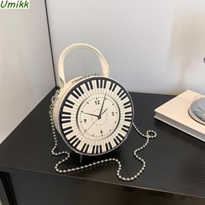 Warm clothes family Vrouwen PU Creatieve Ronde Klok Tas Kettingband Zwart Wit Piano Klok Schoudertas Klok Vorm Crossbody Tas Chique Hobo Tas wit