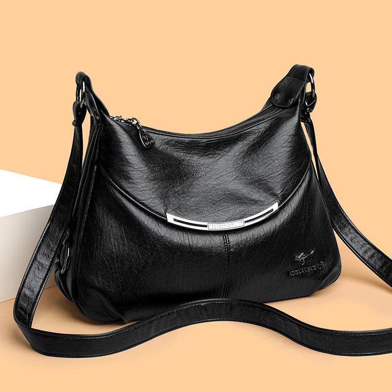 Sports Trend Bag Damestas met meerdere lagen, grote capaciteit, modieuze zachte leren schoudertas, retro portemonnee zwart