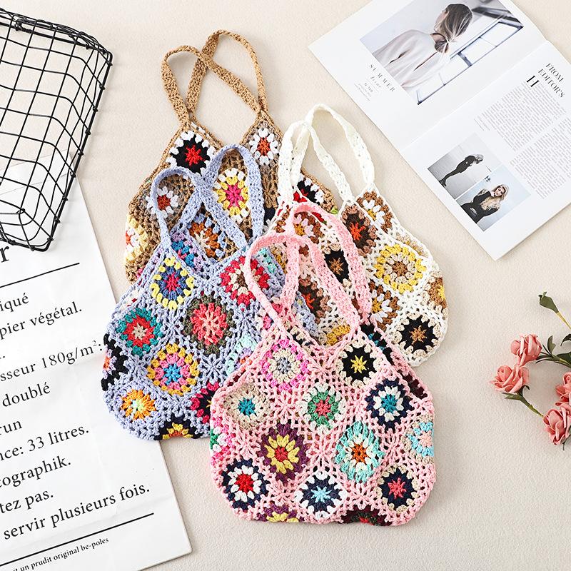 Framont Fashion House Vrouwen Tote Bag Bloemen Haak Grote Capaciteit Gebreide Tas Trendy Handgemaakte Uitgesneden Boho Tas Vintage Multicolor Uitgeholde Handtas zwart