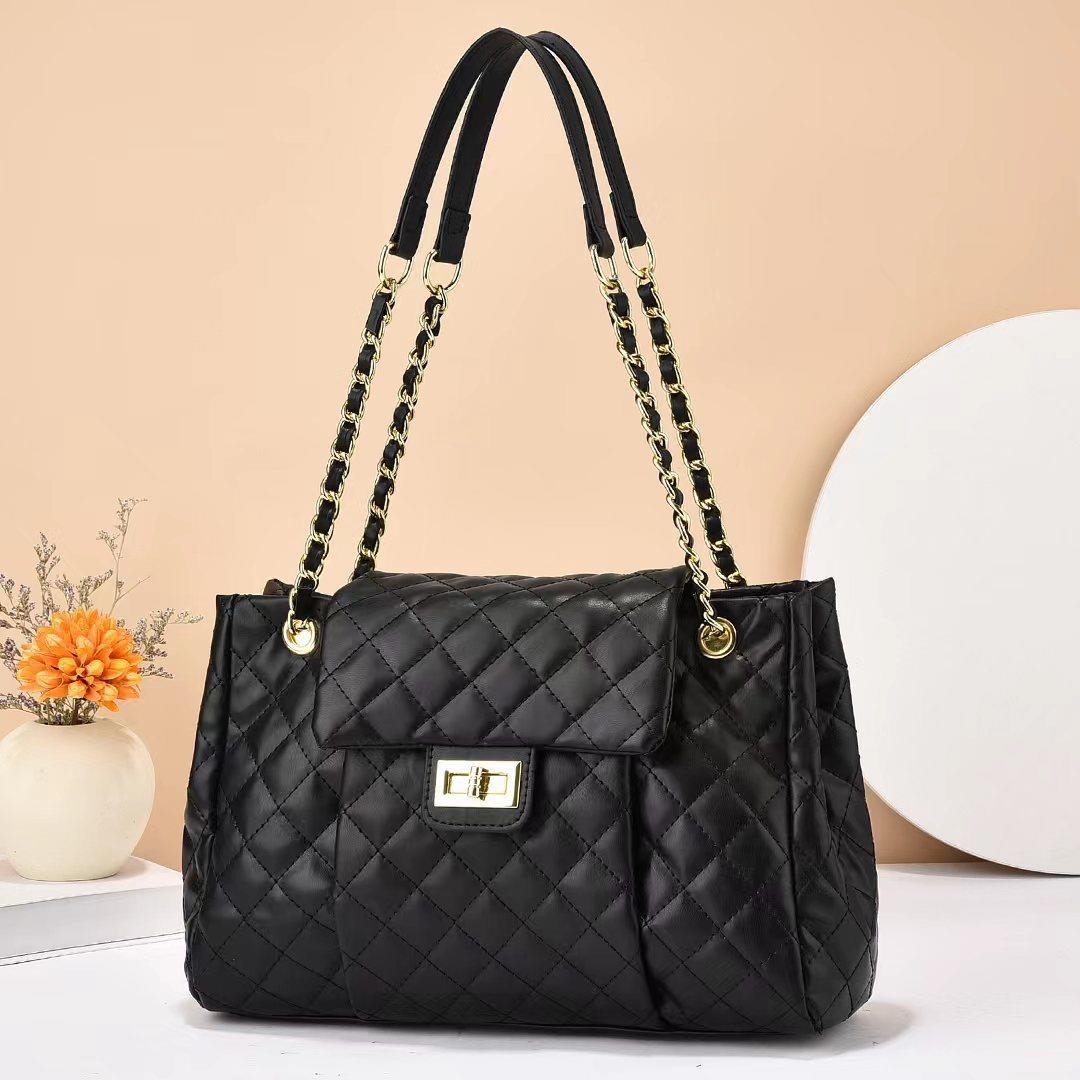L.RIDING PULO One Shoulder Crossbody Solid Color Simple Embroidery Thread Large Capacity Cross-border Small Fragrance Temperament Women's Bag Large Bag zwart