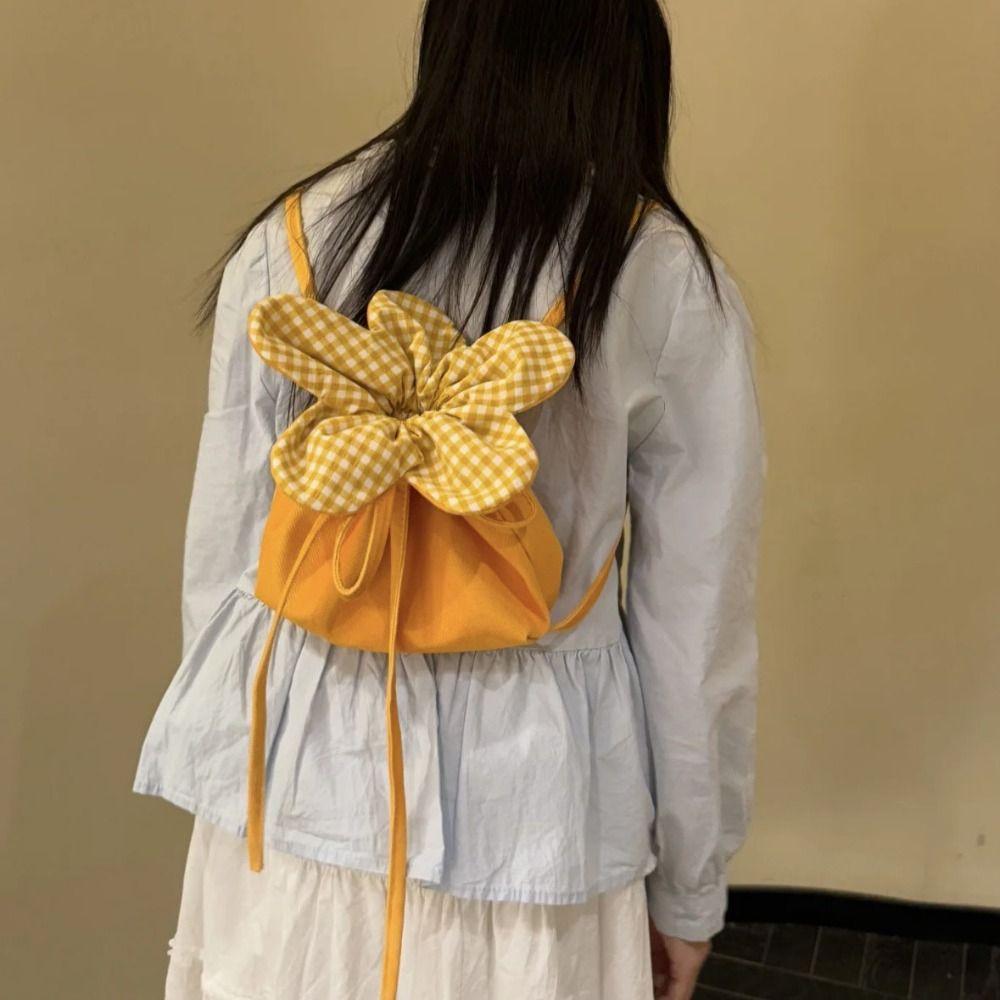 ChangshaA Cute Small Crossbody Bag Plaid ins Shoulder Bag Casual Flower Drawstring Bag  Outdoor Style1