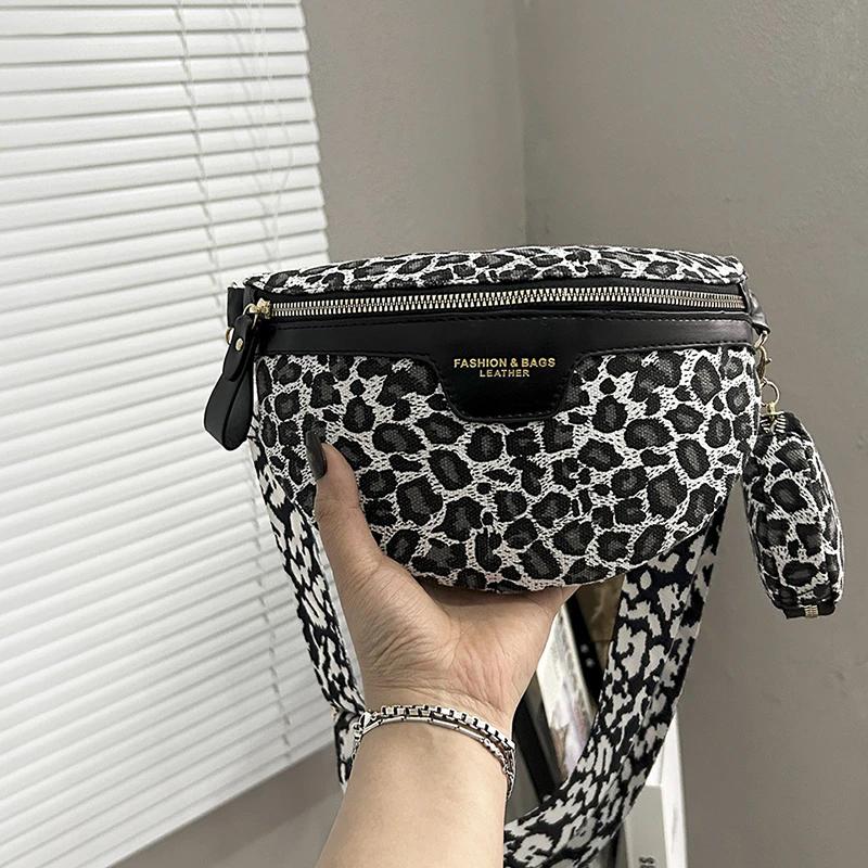 BR43FN Retro Luipaard Print Schouder Crossbody Tas Casual Borsttas Muntenbeurs Nieuwe PU Vrouwen Heuptas Mode Dame Telefoon Heuptas 23x8x17cm grijze kleur