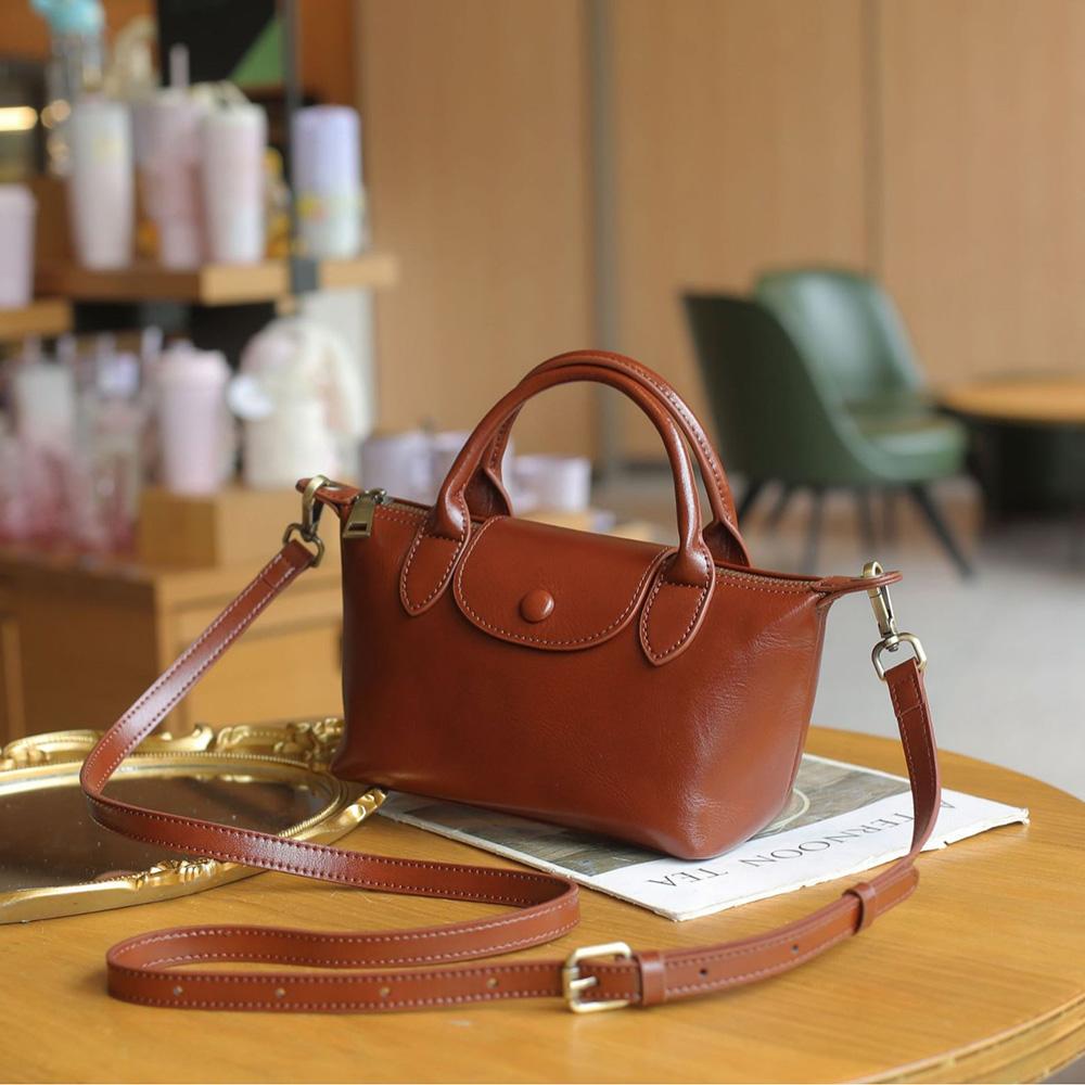 AMONCHY Mini Echte Lederen Dames Schoudertassen Koe Lederen Portemonnee Crossbody Tas Vintage Kleine Handtas Dumpling Tassen bruin