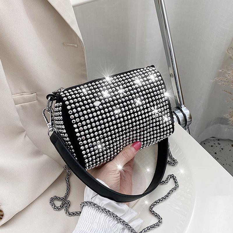 NK39UR Luxe Bright Diamond Schoudertas Dames PU Leren Crossbody Tas Mode Kettingen Messenger Handtas Elegante Okseltas 18*9*12cm zwart