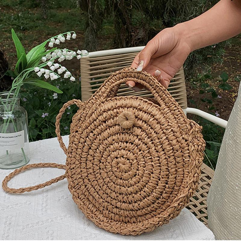YOUHUAGUO Casual Stro Schoudertassen Kleine Ronde Crossbody Handtas Strand Reis Handtassen Tote 25*5*25cm lichtbruine kleur