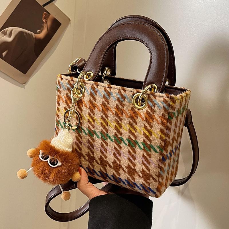 Fancy Lady Herfst en winter Niche wollen kleine tas, eenvoudige en veelzijdige crossbody tas met één schouder, geruite retro prinses Diana tas one size bruin