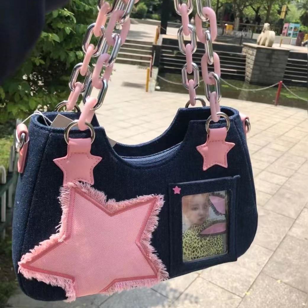 Photography Y2K Vintage Koreaanse Mode Schouder Onderarm Harajuku Ster Tote Denim Tas Keten Dames Tassen Zip Portemonnees Bagutte Handtassen Vrouwen blauw