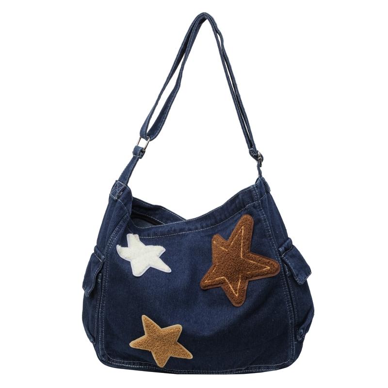 Kuluosidi Grote capaciteit denim tas dames schoudertas commuter tas sterren print crossbody tas donkerblauwe kleur