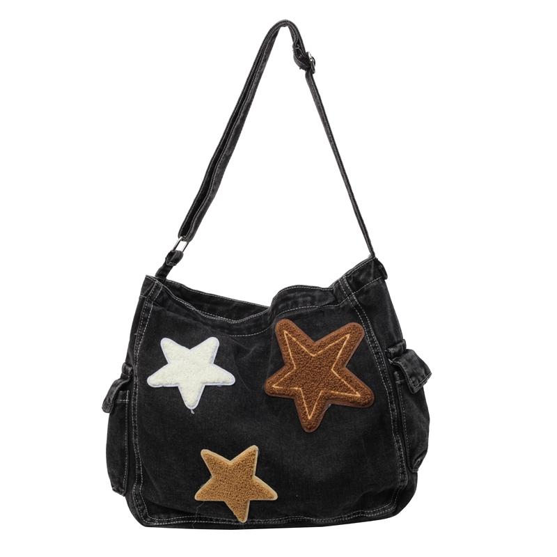 Kuluosidi Grote capaciteit denim tas dames schoudertas commuter tas sterren print crossbody tas zwart
