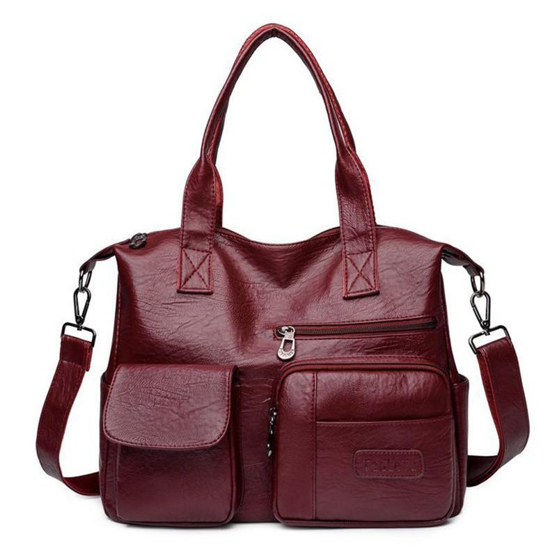 NK39UR Zachte leren handtas, dames vintage PU schoudertas, multi-pocket messenger bag, shopping lady crossbody bag, mommy totes 33*13*28cm wijnrode kleur