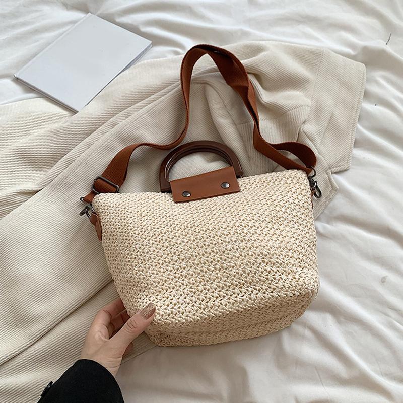 Colorful Bag Summer Women Shoulder Bag Wooden Handle Handbag Woven Straw Bag Bohemian Casual Lady Beach Fashion Crossbody Bags 32x11x20cm beige