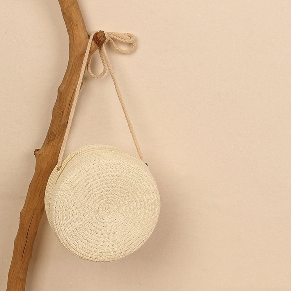 Mango Event Rotan gebreide snoepkleur kleine handtas ronde strozak dames geweven strand crossbody tas voor dames schattige schoudertas One Size wit