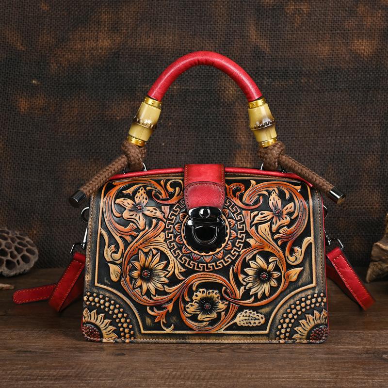 Johnature Vintage luxe handtas handgemaakte lederen gesneden damestas Veelzijdige vrouwelijke schouder- en crossbodytassen