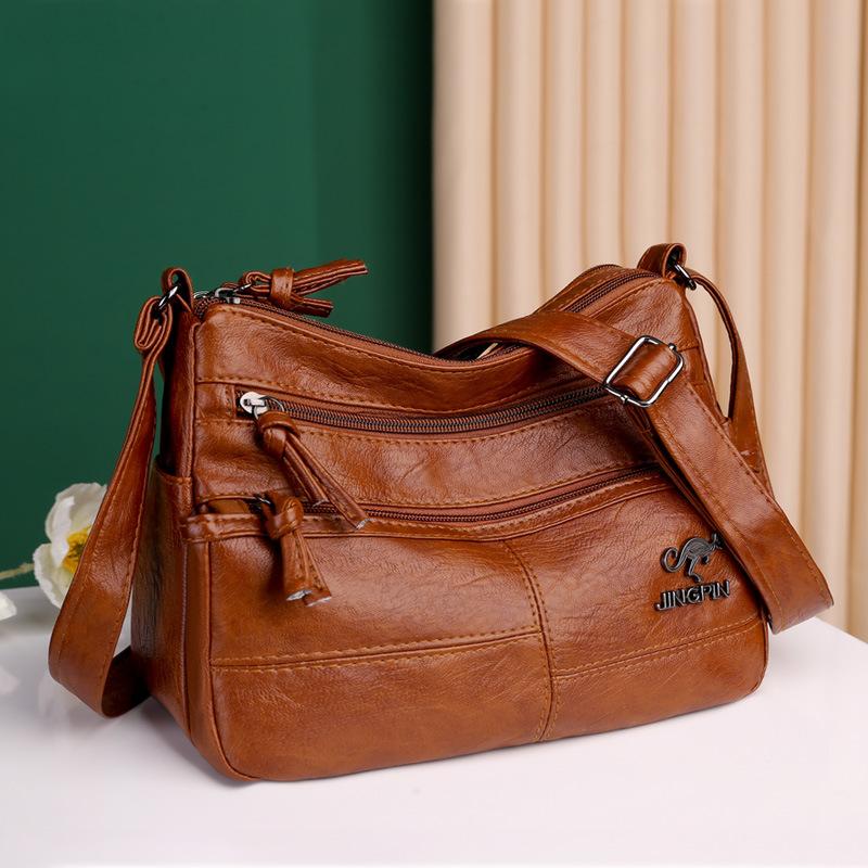 VIA ROMA Shoulder Bag Soft Leather Bag Women's Fashion Simple Trend Retro Multi-pocket Large Capacity