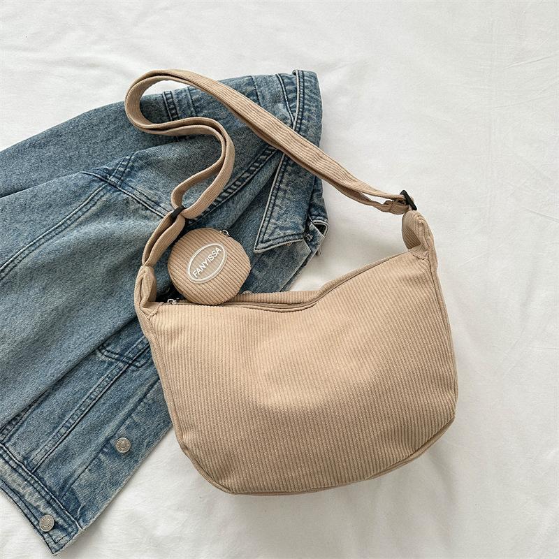 Colorful Bag Corduroy Wind Literaire Enkele Schouder Crossbody Tas Student Casual Hobo Tas Met Munten Portemonnee Vrouwelijke Eenvoudige Dumpling Tas 26.5x8x22cm kaki