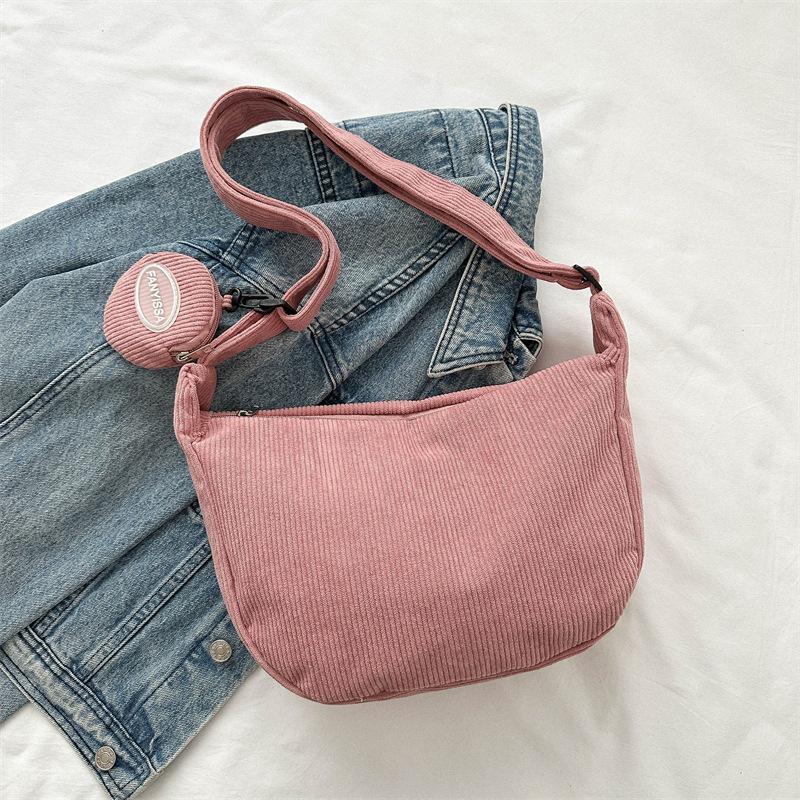 Colorful Bag Corduroy Wind Literaire Enkele Schouder Crossbody Tas Student Casual Hobo Tas Met Munten Portemonnee Vrouwelijke Eenvoudige Dumpling Tas 26.5x8x22cm roze
