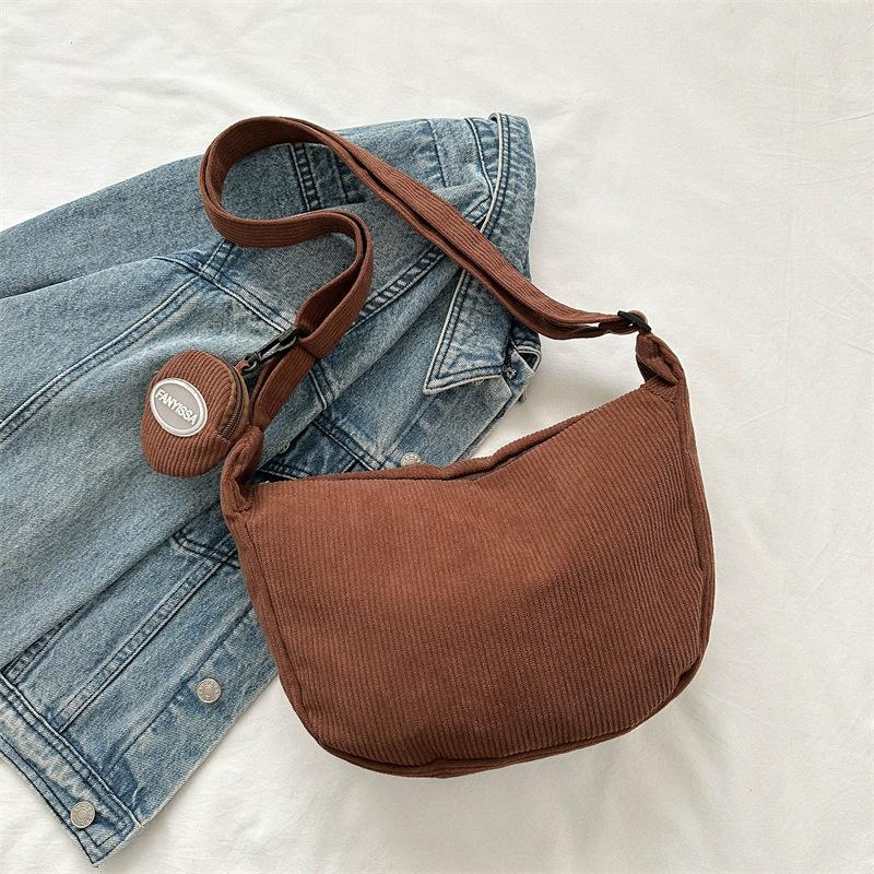 Colorful Bag Corduroy Wind Literaire Enkele Schouder Crossbody Tas Student Casual Hobo Tas Met Munten Portemonnee Vrouwelijke Eenvoudige Dumpling Tas 26.5x8x22cm koffie