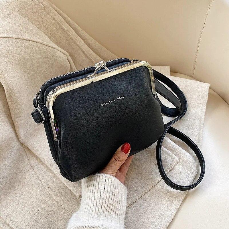 Yoghurt Eenvoudige effen kleur schoudertas vrouwelijke PU lederen crossbody tas mode nieuwe clip messenger bag dame handtas portemonnee zwart