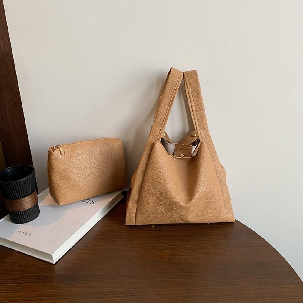 ChangshaA 2pcs/set Pu Leather Bucket Handbags Solid color Underarm Bag Casual Single Shoulder Bag  Commuting Style 2