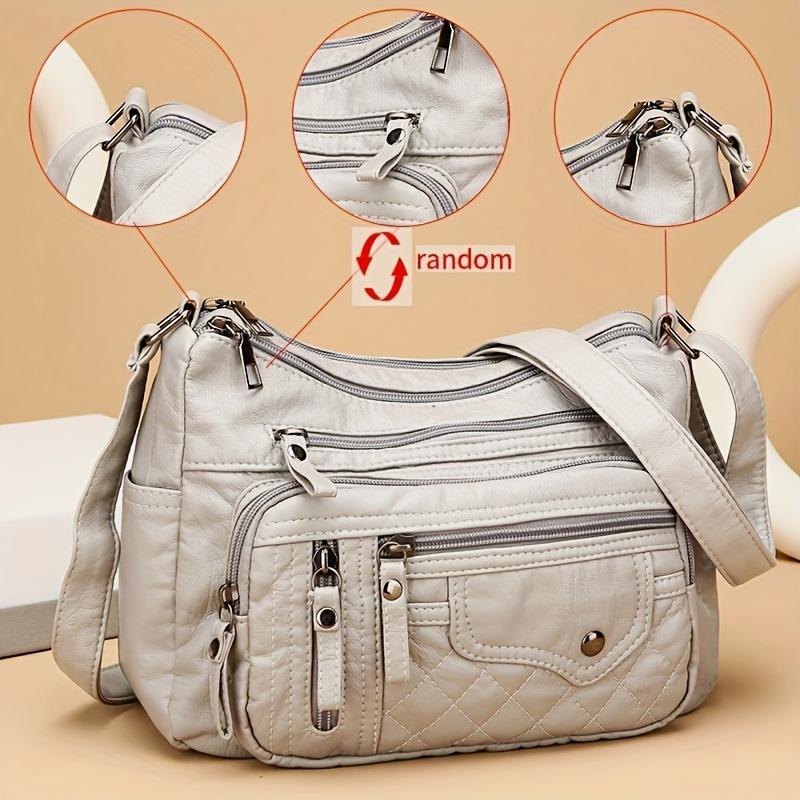 WTEMPO Mode crossbodytas met meerdere ritsen, zachte veganistische leren schoudertas, handtas met meerdere zakken voor dames grijs
