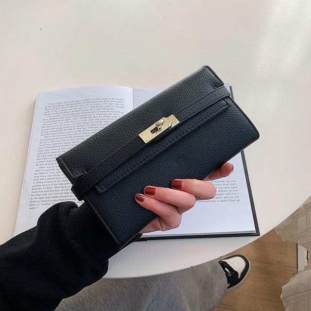 New boy 02 Vrouwen Zwarte Leren Turn Lock Leren Bifold Lange Portemonnee zwart
