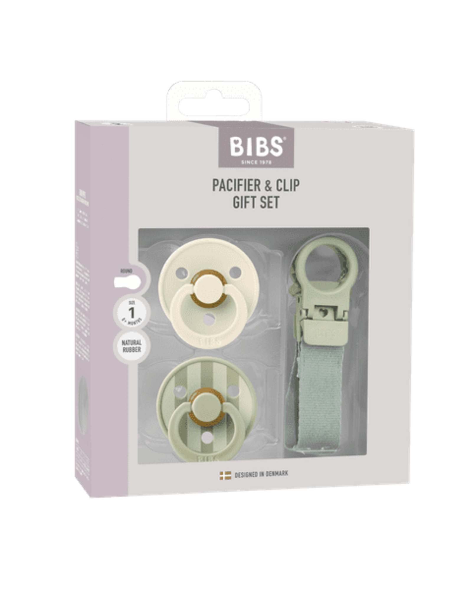 Bibs IBS – Pacifier & Clip Gift Set – Sage - Rond – 2 Fopspenen + Fopspeenkoord – Maat 1