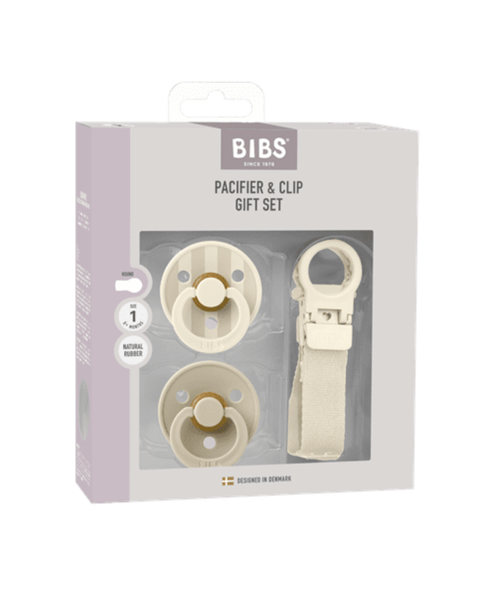 Bibs – Pacifier & Clip Gift Set – Ivory - Rond – 2 Fopspenen + Fopspeenkoord – Maat 1