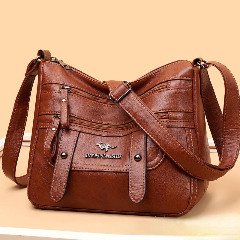 KaiTingu Middelbare leeftijd Vrouwentas Zacht leren moedertas Nieuwe modieuze schoudertas Crossbody tas Vrouwen meerlaags Grote capaciteit 24cm * 12cm * 20cm bruin