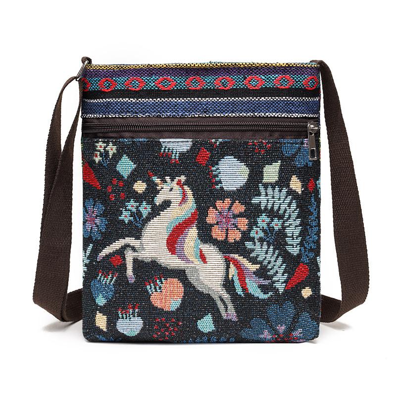 Yogodlns Dame Crossbody Schoudertas Telefoon Portemonnee Handtas Etui Etnische Stijl Geborduurde Messenger Bag Retro Kleine Canvas Tas unicorn