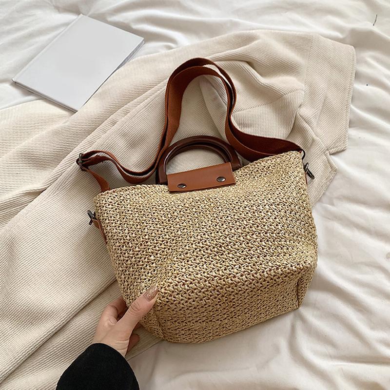 Colorful Bag Zomer Dames Schoudertas Houten Handvat Handtas Geweven Stro Tas Bohemien Casual Dames Strand Mode Crossbody Tassen 32x11x20cm kaki