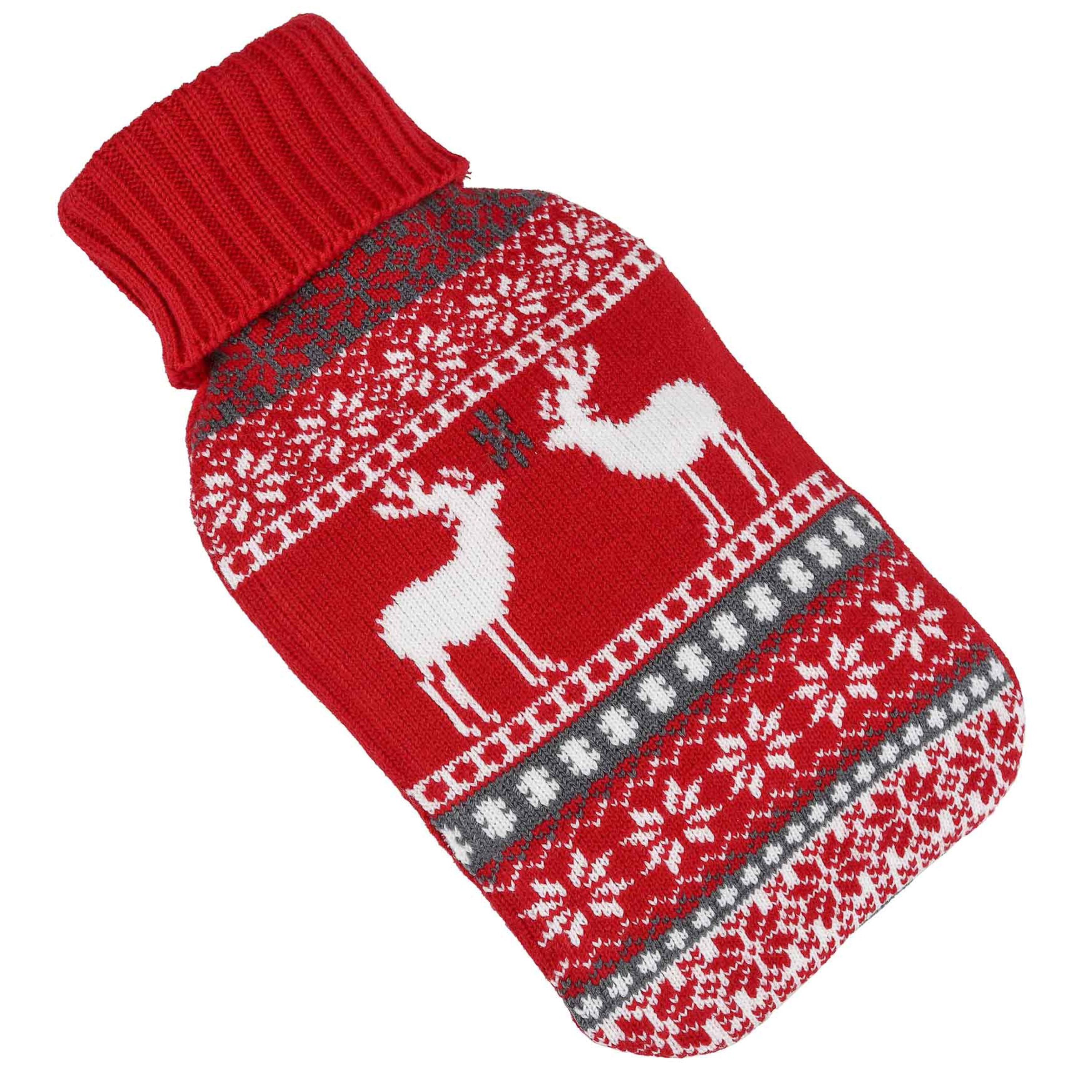 HI Warmwaterkruik - rood - met hoes - 2L - kerst print - kruik - bedkruik - kruikenzak -
