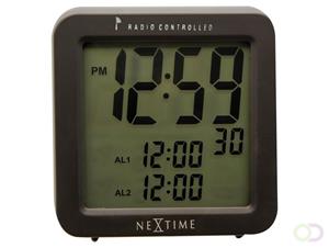 NE-5201ZW Wekker 9 X 9.2 Cm, Plastic, Mat Zwart,Square Alarm' Radio Controlled