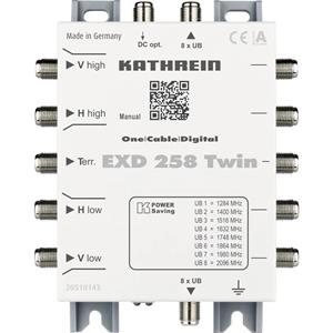 Kathrein EXD 258 Twin Satelliet multiswitch cascade unicable Ingangen (satelliet): 5 (4 satelliet / 1 terrestrisch) Aantal gebruikers: 16