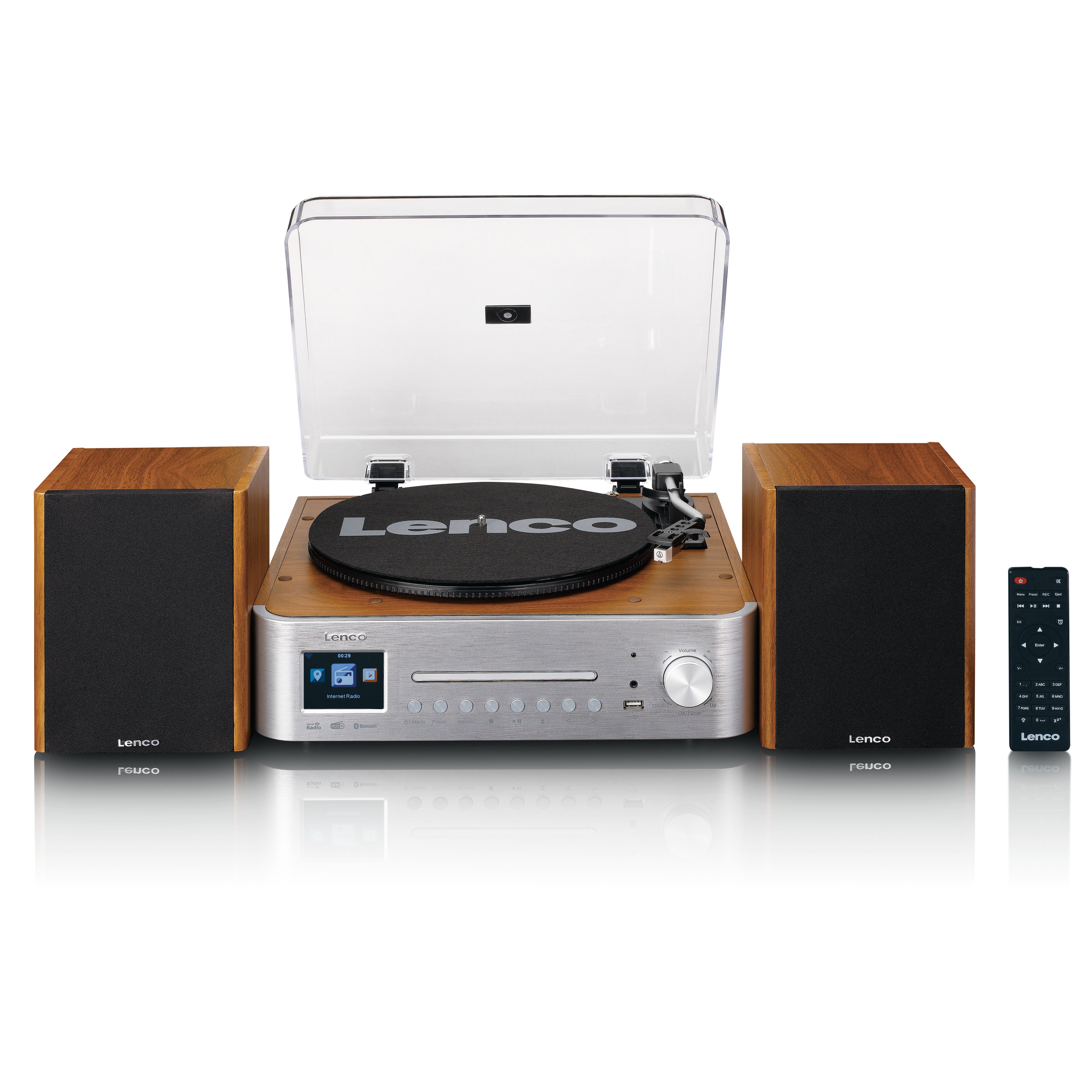 Lenco MC-660WDSI - Hifi set met internet, DAB+ en FM radio, Bluetooth, CD/MP3-speler en platenspeler met twee externe houten luidsprekers - Zilver/Ho