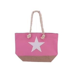 Roze strandtas met witte ster 55 cm - Strandtassen/schoudertassen roze - Shoppers/zomer tassen