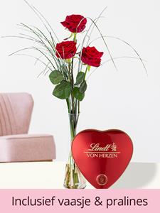 Drie rode rozen inclusief glasvaas en Lindt Pralines | Rozen online bestellen & versturen | .nl