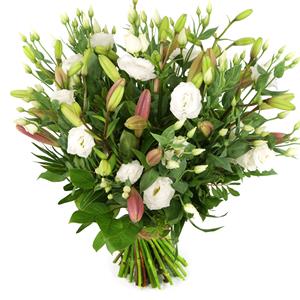 Boeketcadeau Boeket roze lelie en witte eustoma