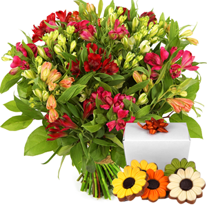 Boeketcadeau Alstroemeria bloemen en bloemetjes chocolade