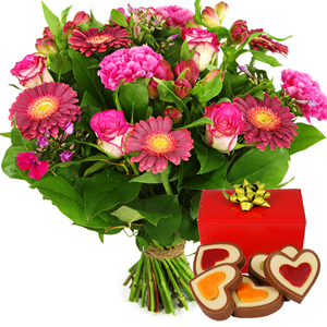Boeketcadeau Roze bloemen met hartjes chocolade bestellen