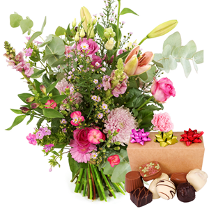 Boeketcadeau Roze bloemen met bonbons bezorgen