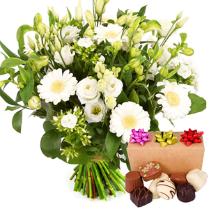 Boeketcadeau Witte bloemen met bonbons