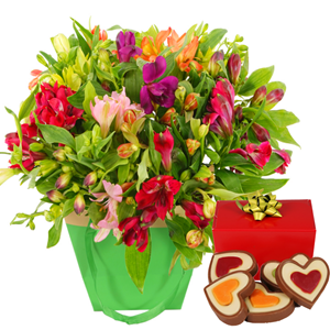 Boeketcadeau Alstroemeria mix en hartjes chocolade