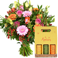 Boeketcadeau Oranje en roze bloemen + sappen gift box