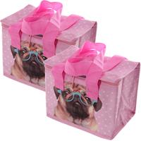 Bellatio Set van 2x stuks kleine koeltassen voor lunch roze met mopshond print 16 x 21 x 14 cm 4,7 liter -