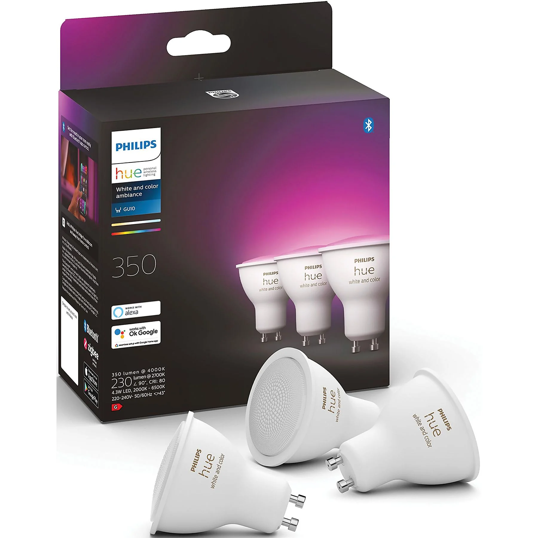 Philips Hue 871951434276700 LED-lamp Energielabel: G (A - G) Hue White & Col. Amb. GU10 Dreierpack 3x230lm GU10 12.9 W Warmwit tot koudwit