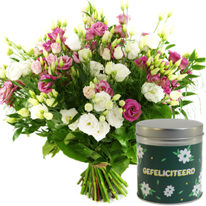 Boeketcadeau Boeket eustoma's + blikje gefeliciteerd snoep