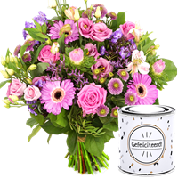 Boeketcadeau Boeket roze en paarse gefeliciteerd bloemen + gefeliciteerd blikje