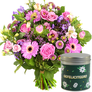 Boeketcadeau Boeket roze en paarse gefeliciteerd bloemen + gefeliciteerd blikje