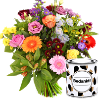 Boeketcadeau Bont boeket bedankt bloemen + snoep blikje bedankt